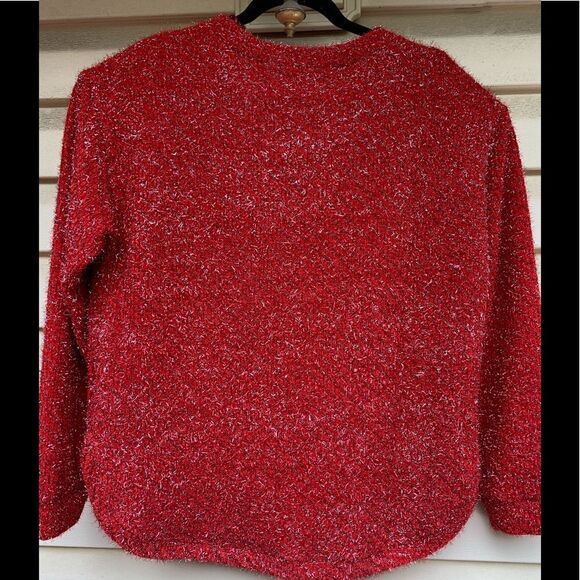 JohnPaulRichard red/silver sweater, fluffy, 2 silver buttons on each shoulder, L - Picture 8 of 9